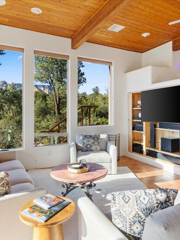 Spacious living room in Sedona luxury home with Red Rock views